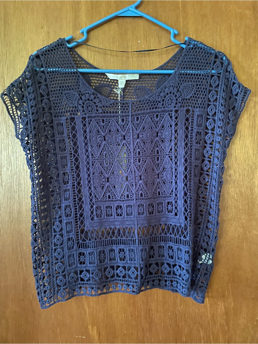 Crochet Lace Short Sleeve Top - navy blue